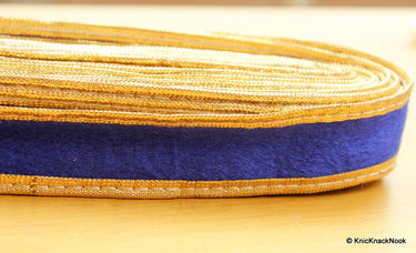 Blue Velvet Trim Ribbon WIth Gold Border Piping